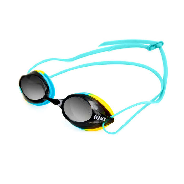 Way Funky Whirlpool Training Machine mirrored goggles in blue, yellow, and silver with reflective lenses, designed for swimming training.