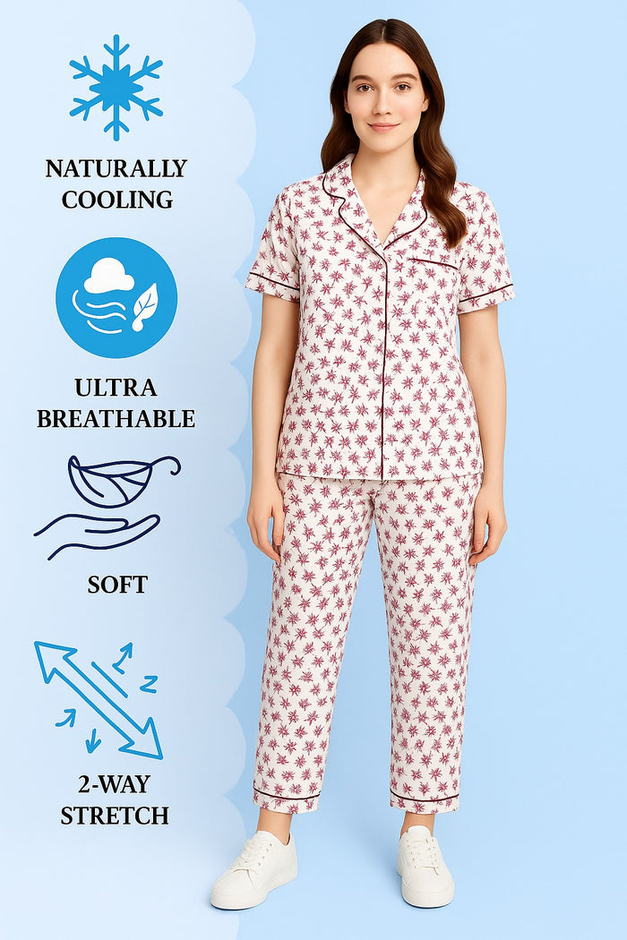Women Button night suit (off white maroon flower) - Hinz Clothing