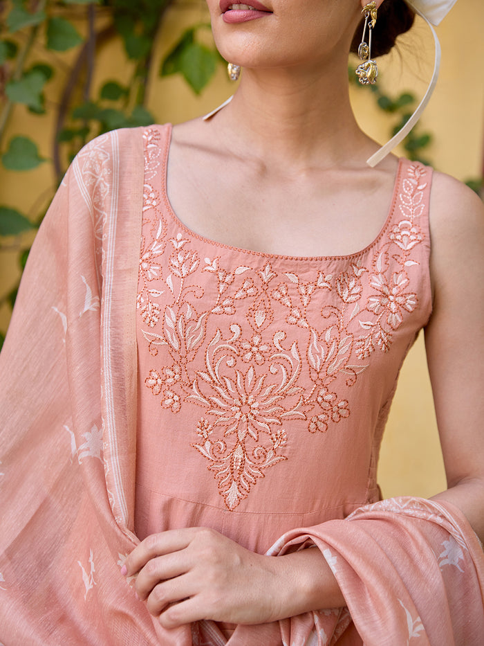 Women's Embroidered Sleeveless Anarkali Set with Dupatta