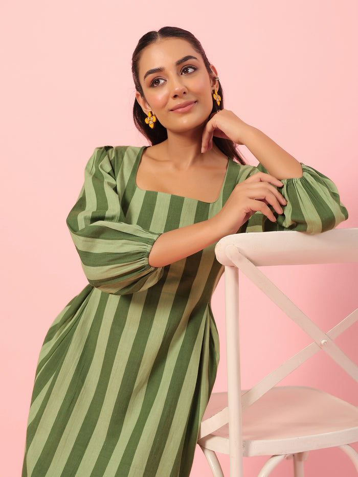 Women's Green Striped Corset Back Midi Dress