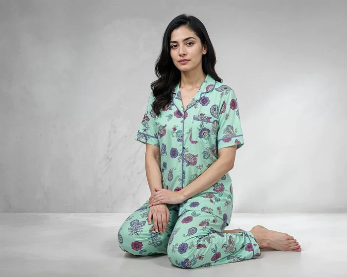 Women’s Mint Green Floral Night Suit /Loungewear Set