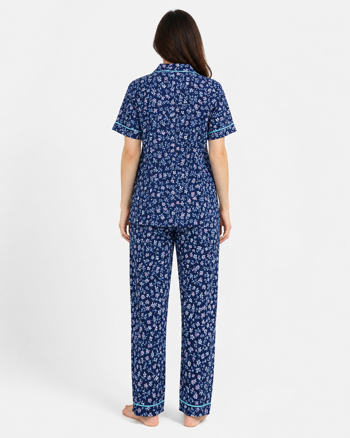Women's Navy Blue Jersey Cotton Floral Printed Pajama Set