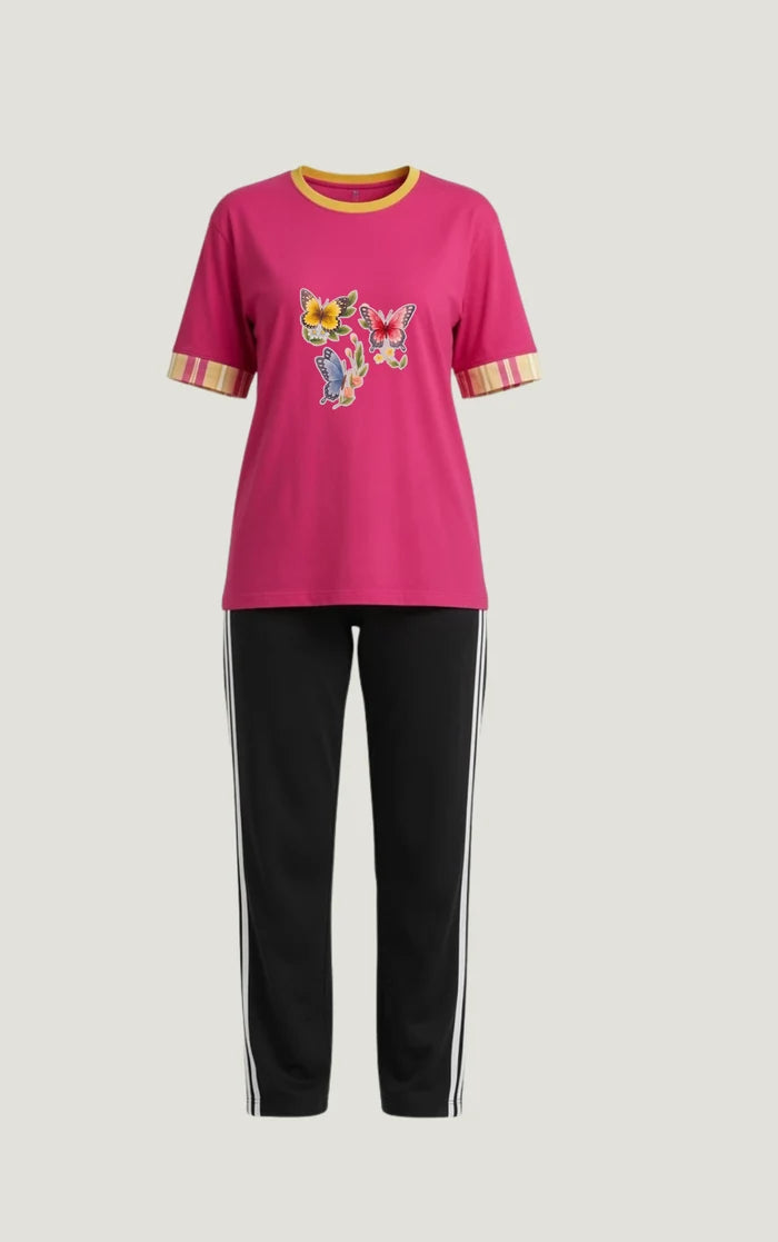 Women's Pink Multi Butterfly Printed Jersey Cotton T-Shirt & Black Trouser Set