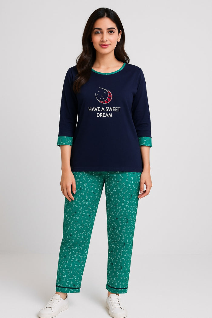 Women's T-Shirt and printed trouser ( navy shirt & printed trouser ) have a sweet dream - Hinz Clothing