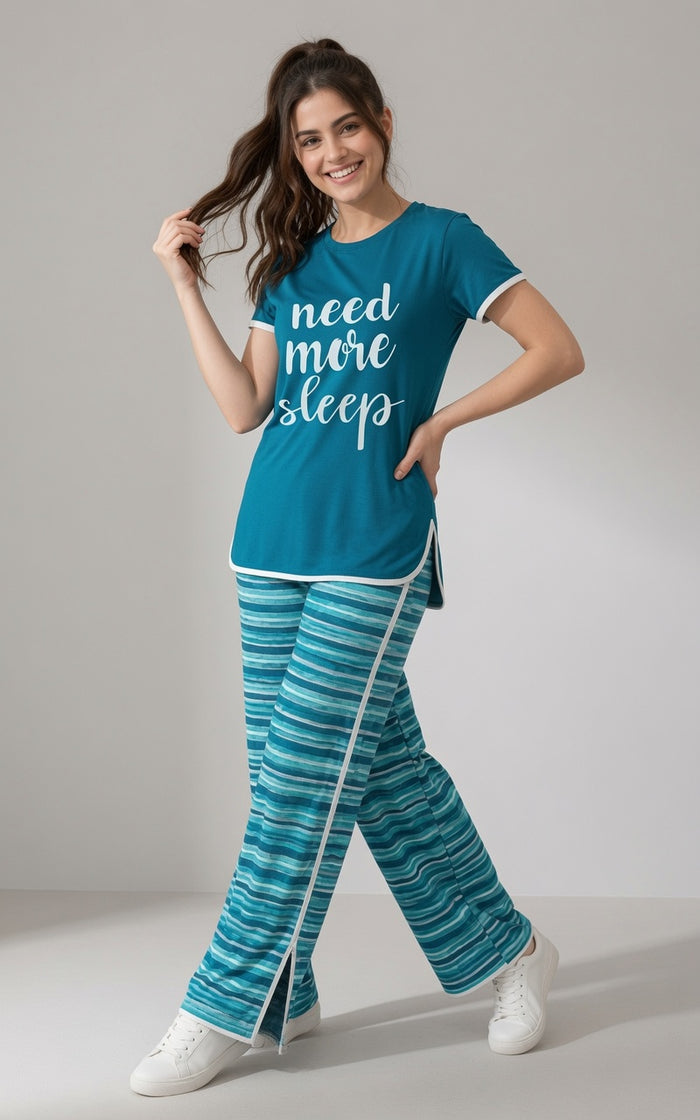 Women's Teal Blue Single Jersey Cotton T-Shirt & Printed Pajama Set
