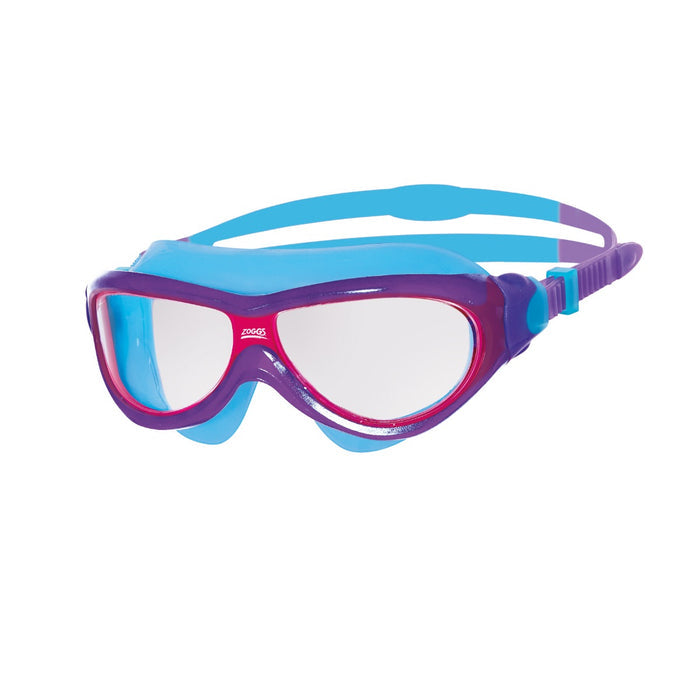 Blue and purple Zoggs Phantom Junior swimming goggles with adjustable straps and clear lenses, designed for young swimmers.