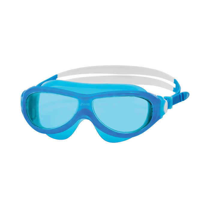Zoggs Phantom Junior swimming goggles in blue, white, and tinted blue with adjustable strap and clear lens for kids.
