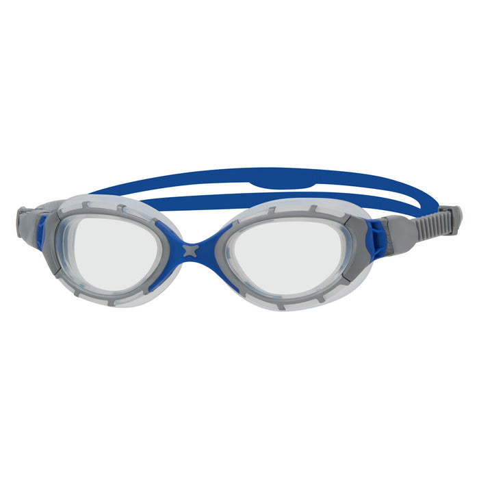 Zoggs Predator Flex swimming goggles in blue and grey with a regular fit, featuring adjustable straps and clear lenses.