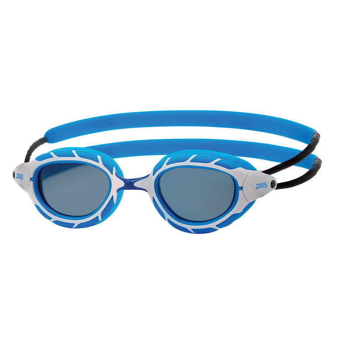Zoggs Predator Goggle in blue, white, and smoke tint, featuring a regular fit for comfortable swimwear and clear underwater visibility.