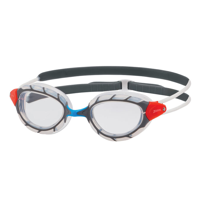 Zoggs Predator Goggle in clear and grey, regular fit, with adjustable straps and lens visibility for swimming.