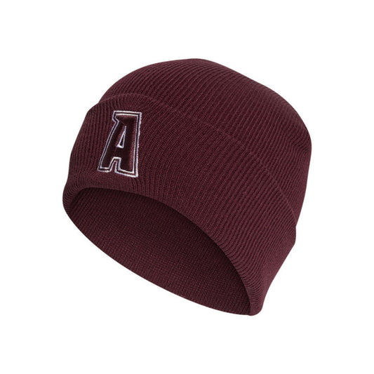 Adidas 2-color logo beanie in shadow red and white, stylish knit hat with embroidered Adidas logo on a Hats & Caps product image.