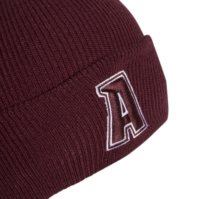 Adidas 2-Color Logo Beanie in Shadow Red and White, cozy knit hat with embroidered Adidas logo, perfect for cold weather.
