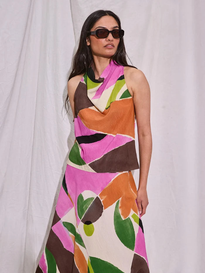Abstract Geo-Print Cowl-Neck Top