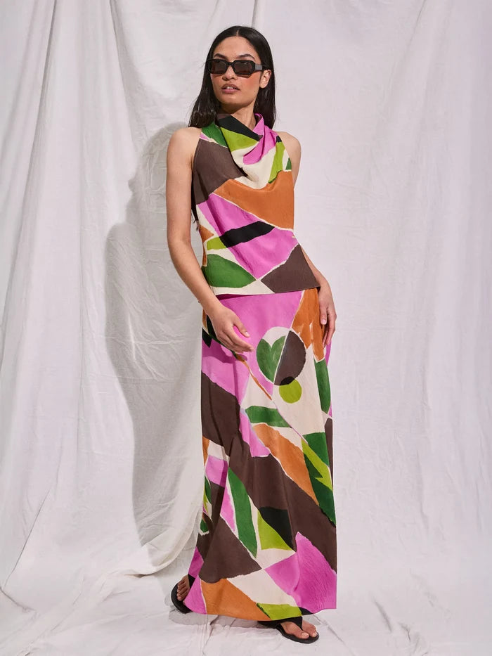 Abstract Geo-Print Cowl-Neck Top