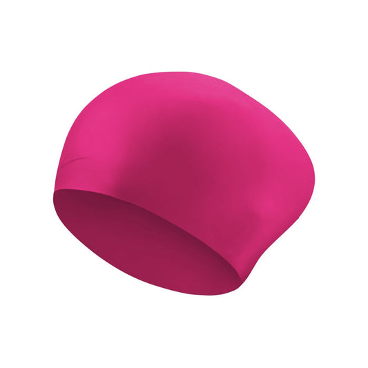 Pink Nike adult silicone swim cap with long hair design, perfect for comfortable, secure swimming for long-haired swimmers.