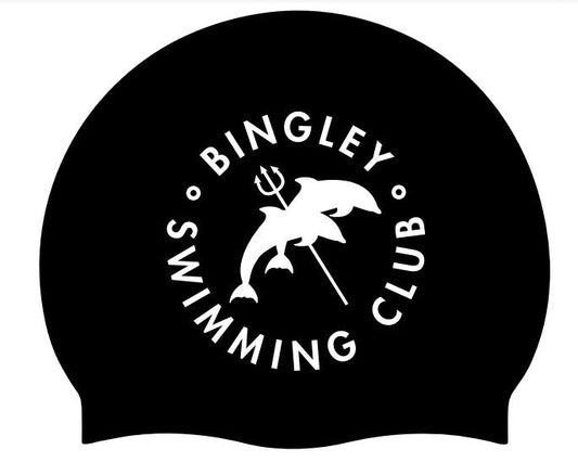 Black and white AK Bingley Club Logo swimming cap by AK Club Kit, featuring the club's logo on a sleek, snug-fit swimming cap.