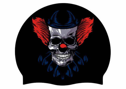 AK Clown Halloween silicone swim hat in black, white, red, and royal colors, designed for comfortable underwater wear.