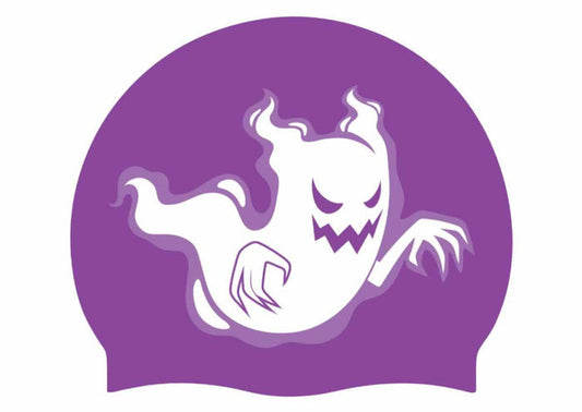 Purple and white AK Ghost Halloween silicone swim cap featuring spooky ghost design for fun swimming or costume parties.