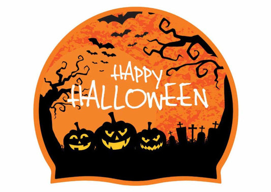 AK Happy Halloween Pumpkin silicone swim cap in orange, white, black, and yellow, featuring a festive Halloween pumpkin design.
