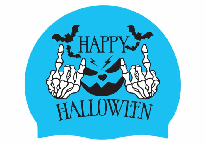 AK Happy Halloween silicone swim cap in blue, white, and black with festive Halloween design for kids.