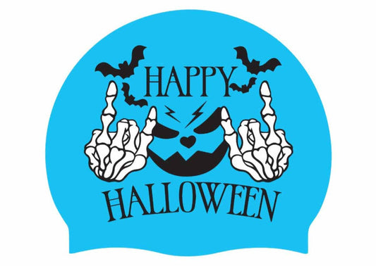 AK Happy Halloween silicone swim cap in blue, white, and black with festive Halloween design for kids.