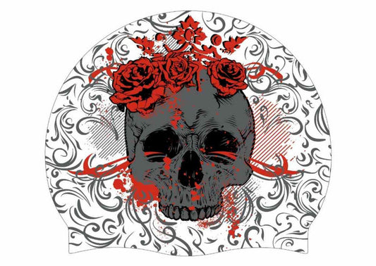 AK brand Katrina Skull Halloween silicone swim hat in white, black, red, and dark grey with skull design for swimming or costume use.