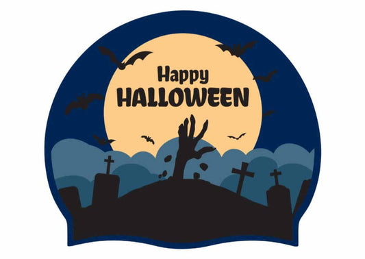 AK Night Happy Halloween silicone swim cap in festive multicolor design, perfect for Halloween-themed swimming or costume parties.