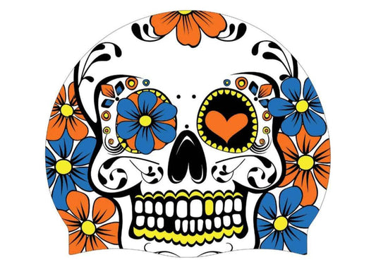 AK Skull Flowers Halloween silicone swim cap featuring colorful skull and flower design for kids' swimming protection