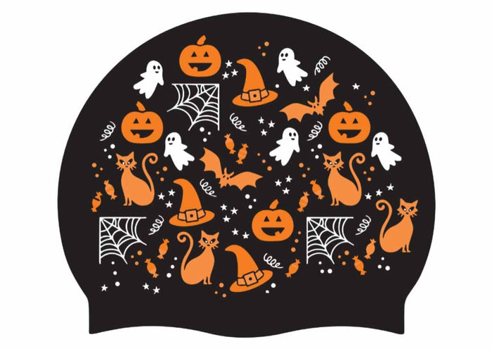 AK small logos Halloween silicone swim cap in black, orange, and white with festive Halloween design.