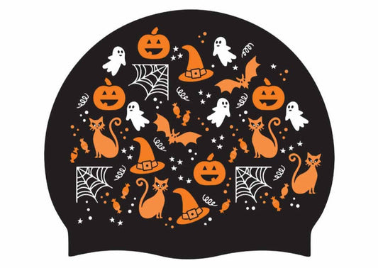 AK small logos Halloween silicone swim cap in black, orange, and white with festive Halloween design.