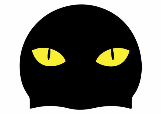 AK Snake/Cat Eyes Halloween silicone swim hat in black and yellow with snake and cat eye designs.