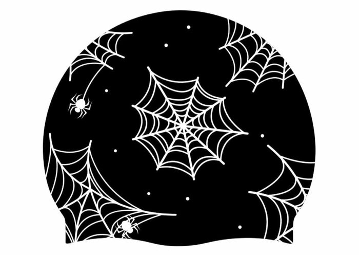 AK Spider Web Halloween silicone swim cap in black and white with spider web design, perfect for spooky swimwear costumes.