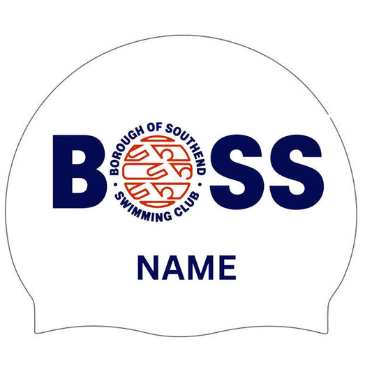 Allens Borough of Southend swimming cap with club logo in white, blue, and red, by AK Club Kit, designed for swimmers.