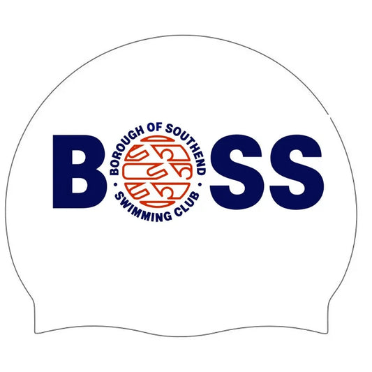Allens Borough of Southend Club Logo swimming cap in white, blue, and red, branded by AK Club Kit, featuring the club logo.