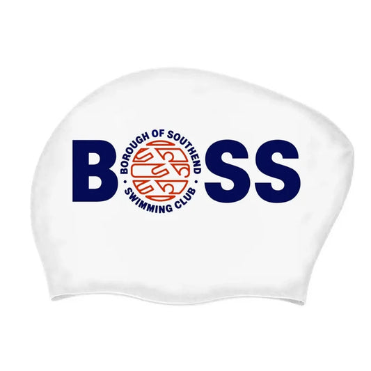 Allens Borough of Southend Long Hair Club logo swimming cap by AK Club Kit in white, blue, and red with club branding.