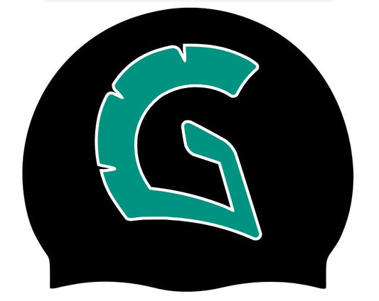 Allens Gloucester City Club logo swimming cap in black, green, and white, made by AK Club Kit, designed for swimming enthusiasts