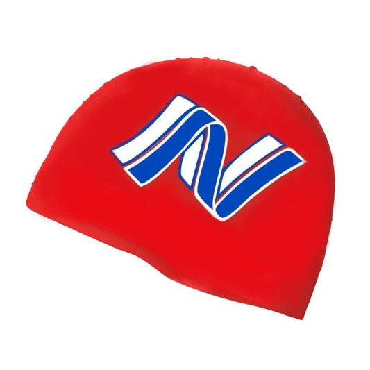 Allens Northgate Racing Club logo swimming cap in red, white, and blue with AK Club Kit branding, designed for swimming enthusiasts.