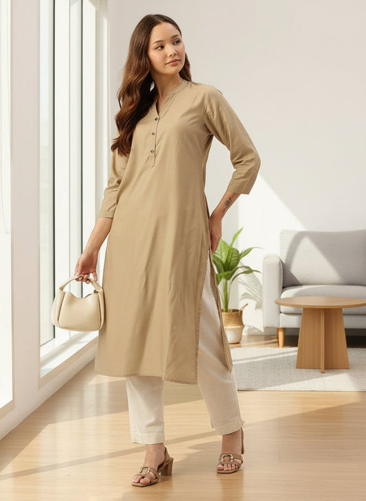 Almond Solid Mandarin Collar Straight Kurta, Plain Kurta