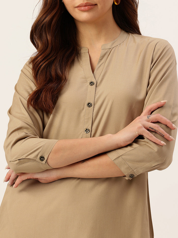 Almond Solid Mandarin Collar Straight Kurta, Plain Kurta