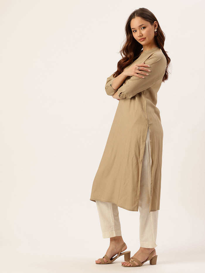 Almond Solid Mandarin Collar Straight Kurta, Plain Kurta