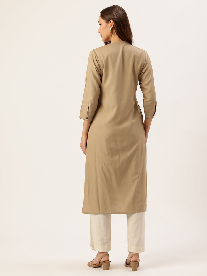 Almond Solid Mandarin Collar Straight Kurta, Plain Kurta