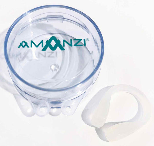 Amani Active Nose Clip in clear plastic, designed to comfortably hold the nose for swimming or water sports.