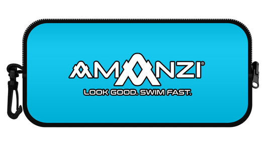 Amanzi Calypso neoprene goggle case in black with a zipper closure, designed to protect swimming goggles.