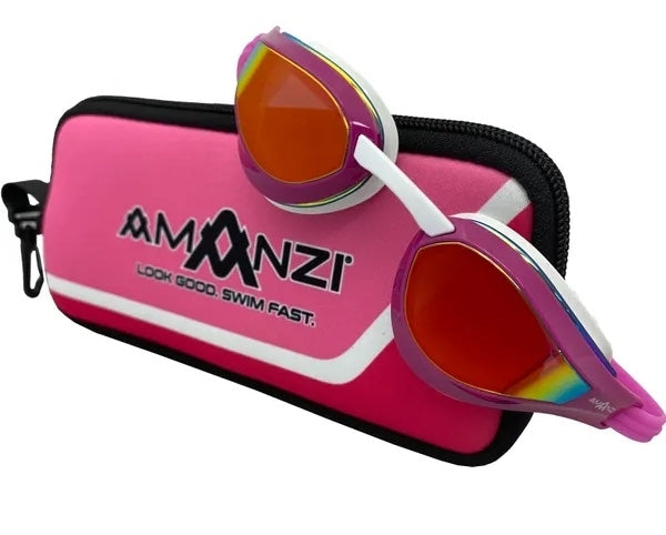 Amani Dominate Sunset Mirror Goggle in pink, swimming goggles with reflective mirror lenses and adjustable strap.