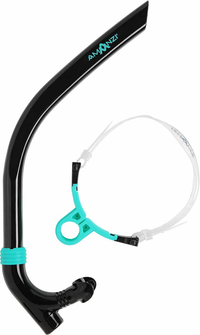 Amanzi Jet Axis Centre Snorkel in black with adjustable mouthpiece and flexible tube for comfortable snorkeling.