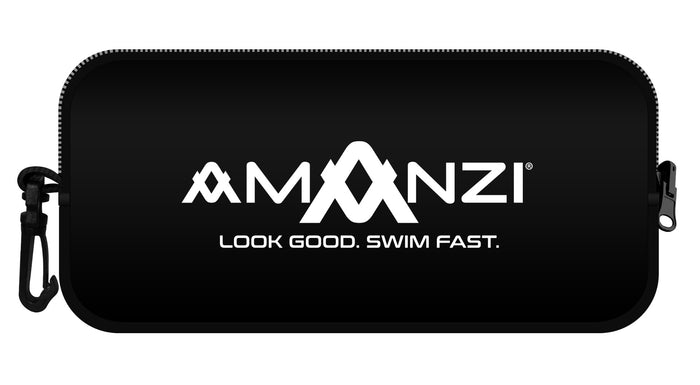 Amani Jet black neoprene goggle case with smooth exterior and secure zipper, designed for protecting swimming goggles.