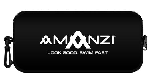 Amani Jet black neoprene goggle case with smooth exterior and secure zipper, designed for protecting swimming goggles.
