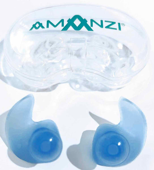Amani sky-colored molded ear plugs in a clear plastic case, designed for comfortable hearing protection.