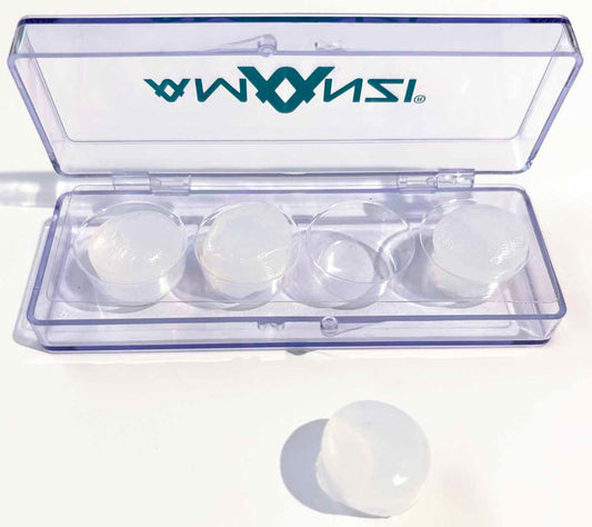 Clear Amanzi silicone ear plugs for noise reduction, shown in a natural position ready for use.