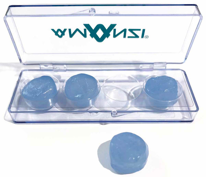 Amani Silicone Ear Plugs in Sky color, designed for noise reduction and comfort, shown in a close-up image.